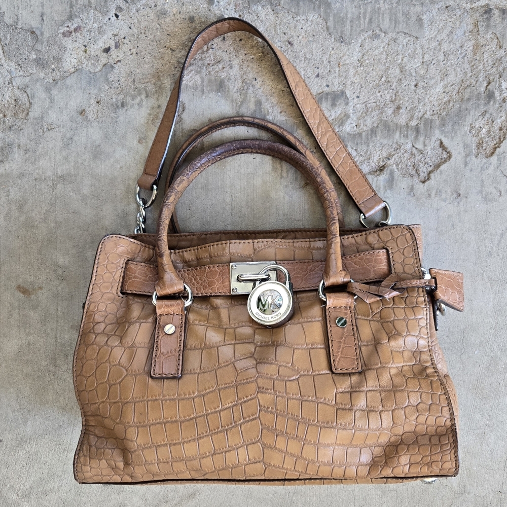Michael Kors Croc Embossed Genuine Leather Satchel Shoulder Bag Brown